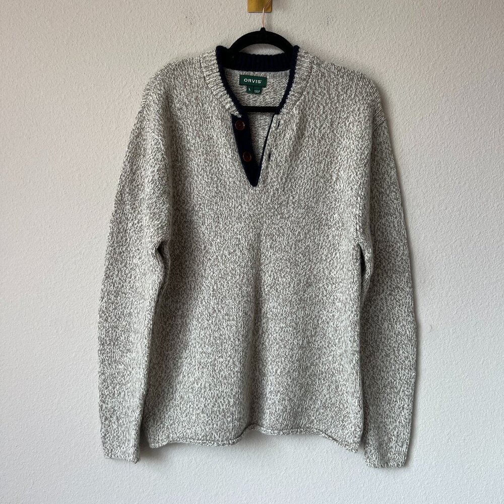 Orvis Gray Knit Button Henley Sweater Size L